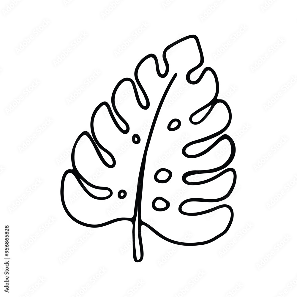 A minimalist black and white illustration of a Monstera leaf with its distinctive split and perforated pattern. A minimalist black and white illustration of a Monstera leaf with its distinctive split and perforated pattern.