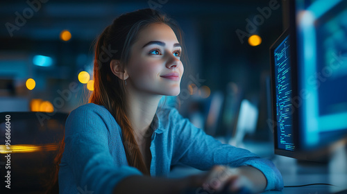Young Woman Programmer Coding on Computer in Modern Office, Smiling and Confident, Coding Screen Visible, Evening Light Setting, Technology and Innovation Concept