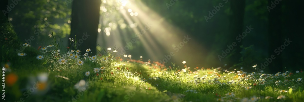 Obraz premium Sun rays piercing through a dense forest, illuminating wildflowers on the ground, creating a serene and magical ambiance.