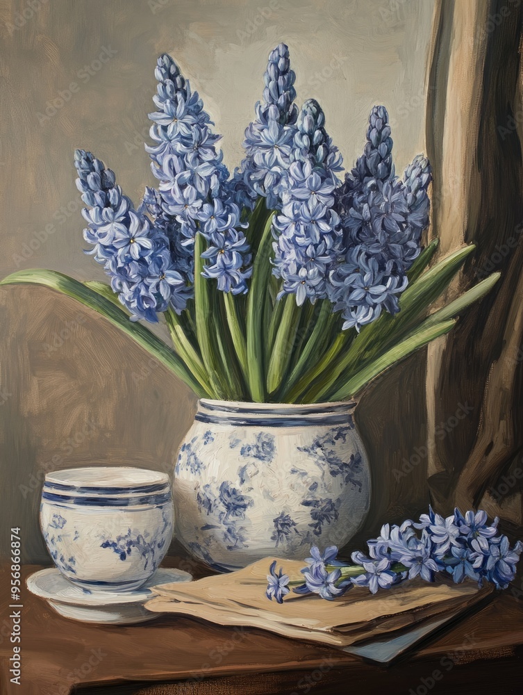 Oil painting depicting a still life featuring blue hyacinths Oil painting depicting a still life featuring blue hyacinths