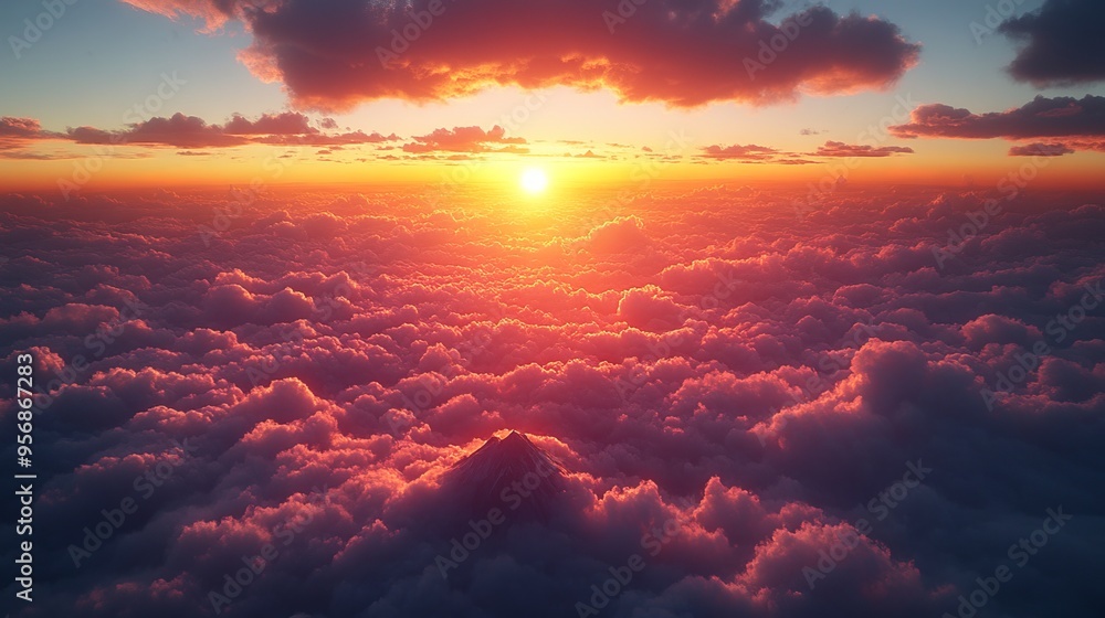 Cinematic Mountain Peak Above Clouds with Golden Sunset Sky, AI generated illustration Cinematic Mountain Peak Above Clouds with Golden Sunset Sky, AI generated illustration