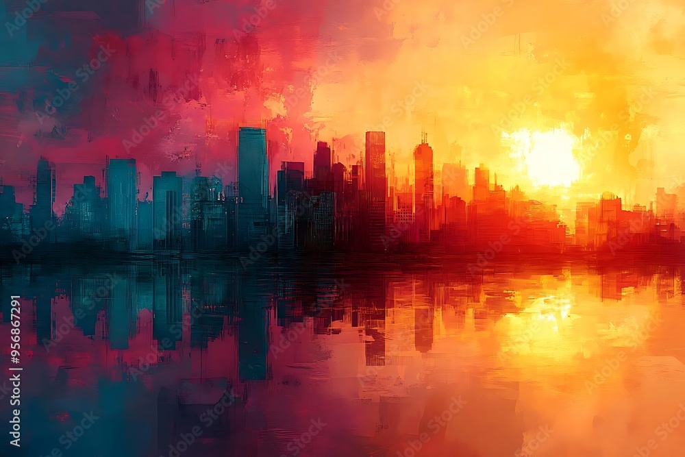 Cityscape Sunset with Reflections - Digital Painting Cityscape Sunset with Reflections - Digital Painting