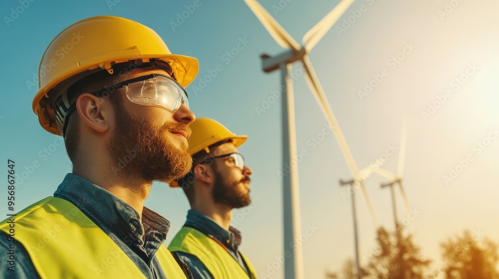 Engineers in Hard Hats Admiring Wind Turbines Under a Radiant Sky at Sunset, Symbolizing Sustainability and Renewable Energy Efforts. Engineers in Hard Hats Admiring Wind Turbines Under a Radiant Sky at Sunset, Symbolizing Sustainability and Renewable Energy Efforts.