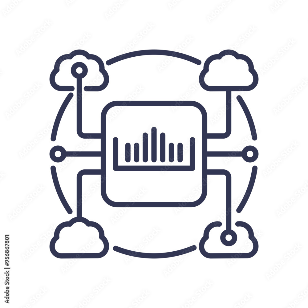 Illustration of an air quality sensor network with data visualization and cloud connectivity. Illustration of an air quality sensor network with data visualization and cloud connectivity.