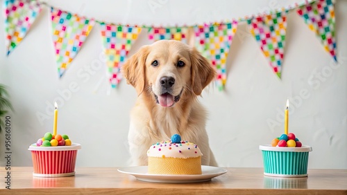 Adorable golden retriever puppy sits in front of a colorful, candle-lit birthday cake with a dog-themed cake topper and festive party decorations. photo