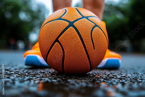 Basketball dribbles, echoing sounds, concrete surface create the soundtrack of a streetball game