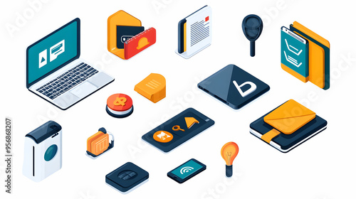 Isolated Online Course Icon Set concept as A vector set of isolated icons representing various online course elements including a laptop tablet and smartphone. The icons are set on a white background 