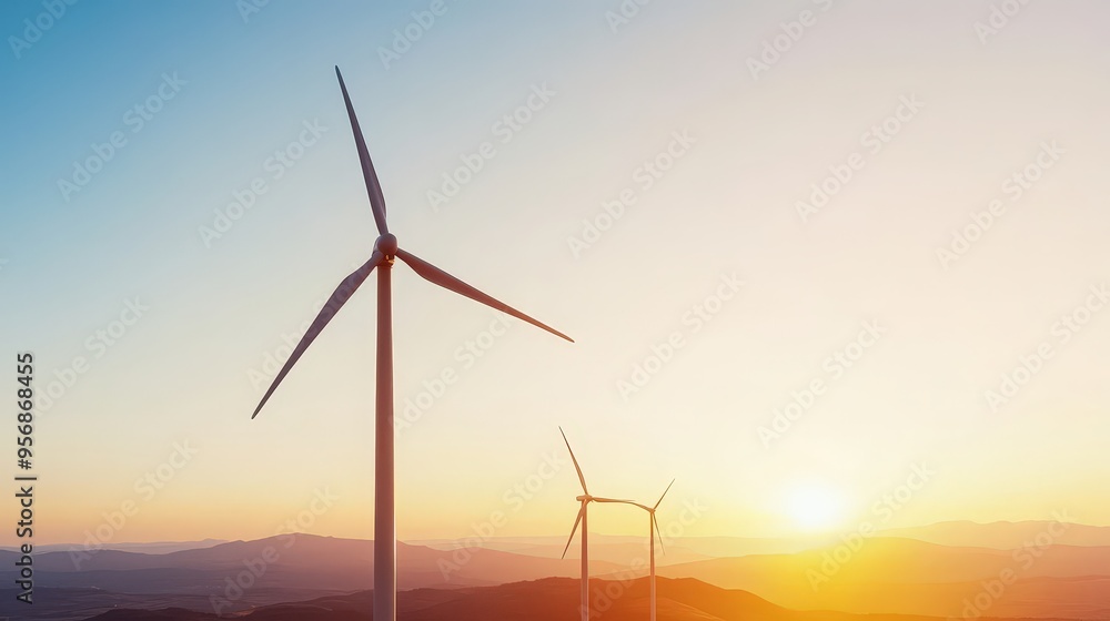 Obraz premium A Serene Sunset Over Wind Turbines Showcases Nature's Power and Beauty in Harmony with Renewable Energy and the Environment's Future.