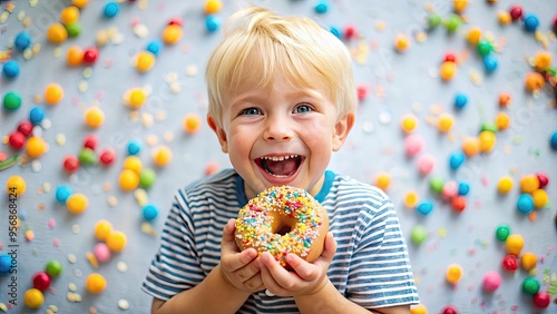 Adorable little blonde-haired boy with a big smile holds a colorful sprinkled donut in his small hands, surrounded by crumbs and sweet treats. photo