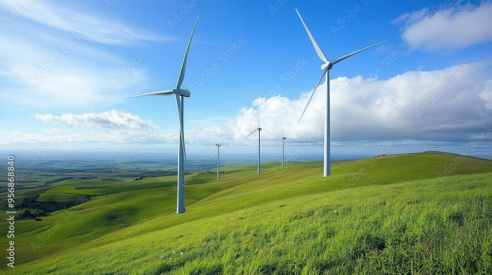 A scenic view of wind turbines on green hills under a blue sky, symbolizing renewable energy and sustainability. A scenic view of wind turbines on green hills under a blue sky, symbolizing renewable energy and sustainability.