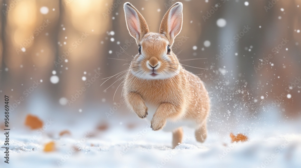 A cute bunny hopping through the winter snow A cute bunny hopping through the winter snow