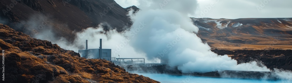 Fototapeta premium A serene geothermal power plant surrounded by stunning landscapes, emitting steam amidst Iceland's natural beauty.