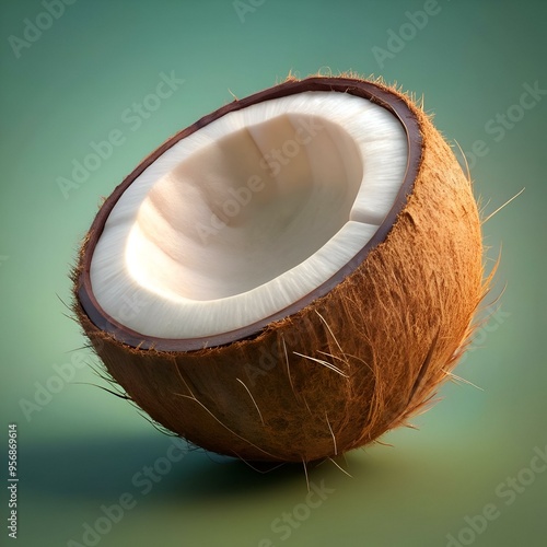 A realistic 3D illustration of a halved coconut. showcasing the inner texture and the brown husk.