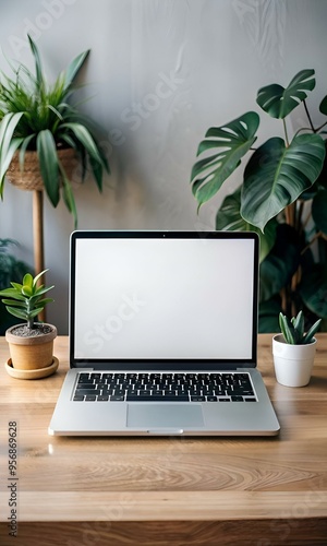 A clean and minimalist laptop with a blank screen sits on a wooden desk.