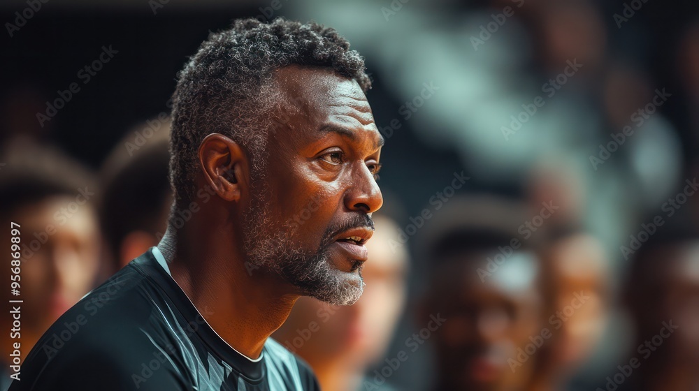Basketball coach calling a timeout, intense expression, players gathering around to listen, court action frozen for a moment. Basketball coach calling a timeout, intense expression, players gathering around to listen, court action frozen for a moment.