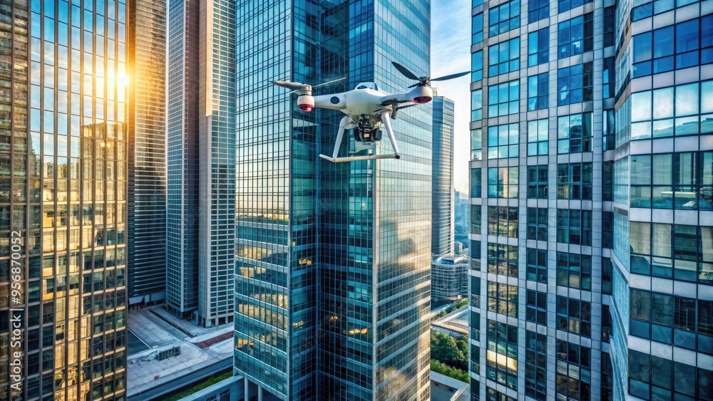 Fototapeta premium Aerial view of a drone flying near a large, modern high-rise building, capturing its intricate architecture and structural details during a routine inspection process.