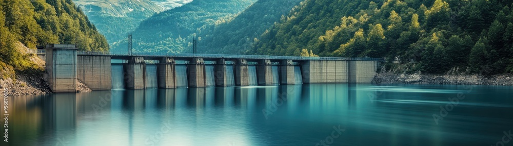 A serene landscape featuring a dam reflecting in calm waters, surrounded by lush mountains and a clear sky. A serene landscape featuring a dam reflecting in calm waters, surrounded by lush mountains and a clear sky.
