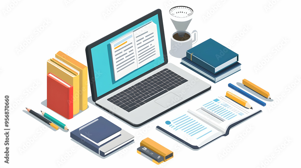 Laptop and Document Isolated Vector concept as An isolated vector of a laptop and document on a white background representing online research and writing in education. Ideal for educational projects d Laptop and Document Isolated Vector concept as An isolated vector of a laptop and document on a white background representing online research and writing in education. Ideal for educational projects d