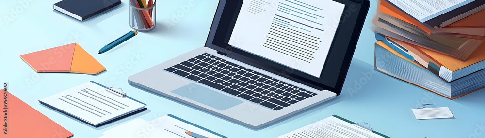 Laptop and Document Isolated Vector concept as An isolated vector of a laptop and document on a white background representing online research and writing in education. Ideal for educational projects d Laptop and Document Isolated Vector concept as An isolated vector of a laptop and document on a white background representing online research and writing in education. Ideal for educational projects d