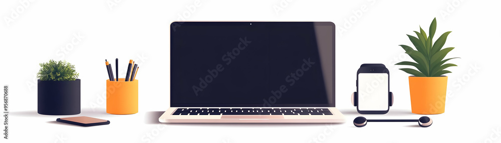 Laptop and Earbuds Icons with Remote Work Ready text isolated on white background concept as Camera movement Focus on the laptop and earbuds icons highlighting readiness for remote work during virtual Laptop and Earbuds Icons with Remote Work Ready text isolated on white background concept as Camera movement Focus on the laptop and earbuds icons highlighting readiness for remote work during virtual