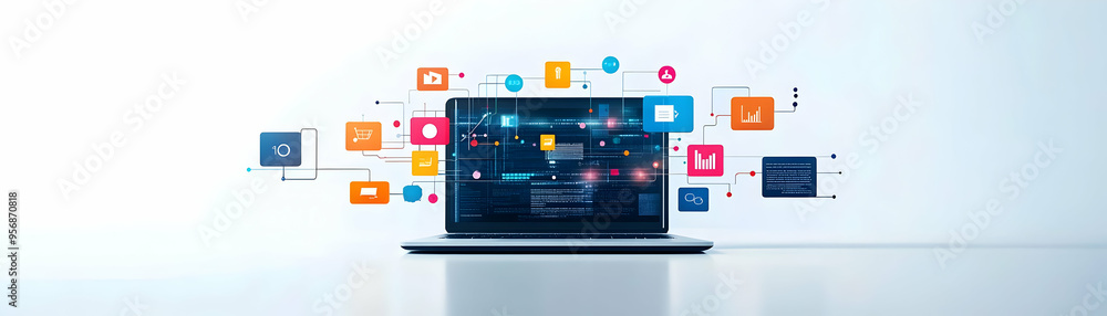 Laptop and Share Screen Icons with Collaborative Tools text isolated on white background concept as Camera movement Focus on the laptop and share screen icons emphasizing collaborative tools during vi Laptop and Share Screen Icons with Collaborative Tools text isolated on white background concept as Camera movement Focus on the laptop and share screen icons emphasizing collaborative tools during vi