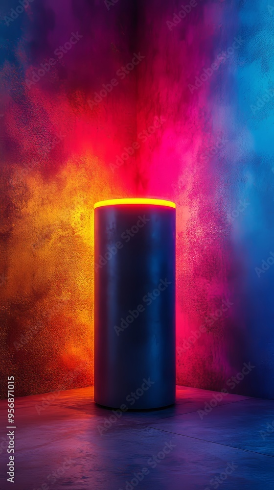 A tall, cylindrical object with a neon light on top A tall, cylindrical object with a neon light on top