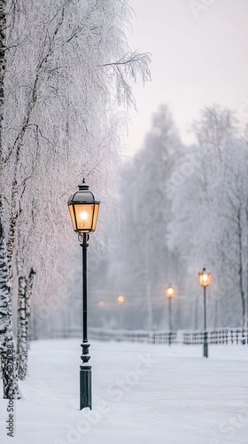 The warm glow from street lamps illuminates an empty snowy field at night, with a large wooden lantern on poles and frost-covered trees surrounding the tranquil setting