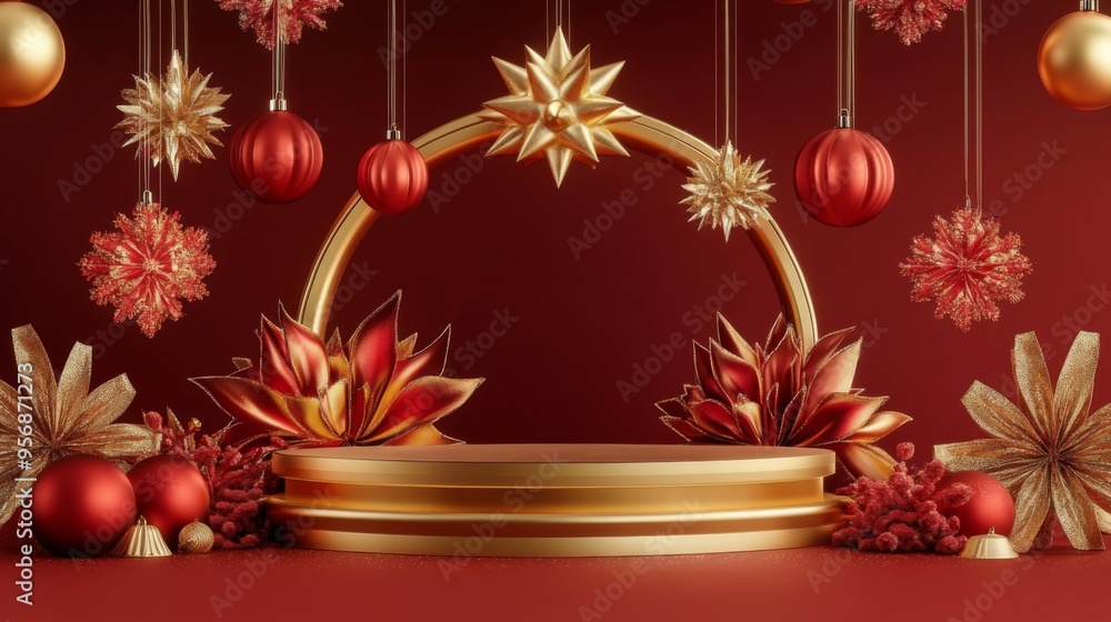 Festive red and gold podium with Christmas ornaments and decorations. Festive red and gold podium with Christmas ornaments and decorations.