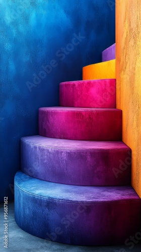 A colorful staircase with pink, orange, and yellow steps