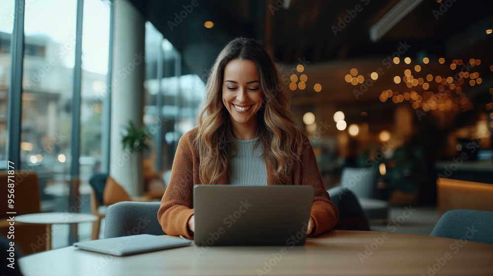 Smiling woman using a laptop in a modern, cozy cafe with large windows and warm lighting. The setting is relaxed and inviting, perfect for remote work or studying. Smiling woman using a laptop in a modern, cozy cafe with large windows and warm lighting. The setting is relaxed and inviting, perfect for remote work or studying.