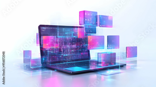 Laptop and tablet with holographic design software and flexible workspace text concept as Camera movement Pan across the laptop and tablet screens with holographic design software. Scene Modern worksp photo