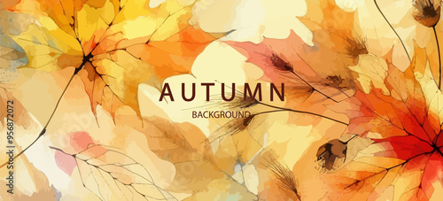Autumn background with watercolor falling leaves . Abstract art autumn minimalistic background with brush texture and flying maple leaves.Hand-painted natural art with fall leaves. Autumn border  .