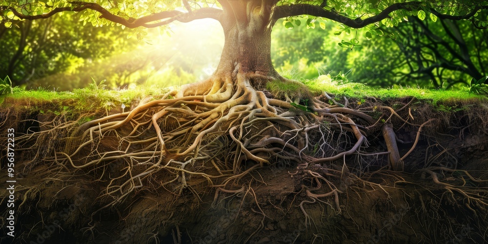 Conceptual artwork of a tree with roots intermingling underground, symbolizing interconnectedness and unity Conceptual artwork of a tree with roots intermingling underground, symbolizing interconnectedness and unity