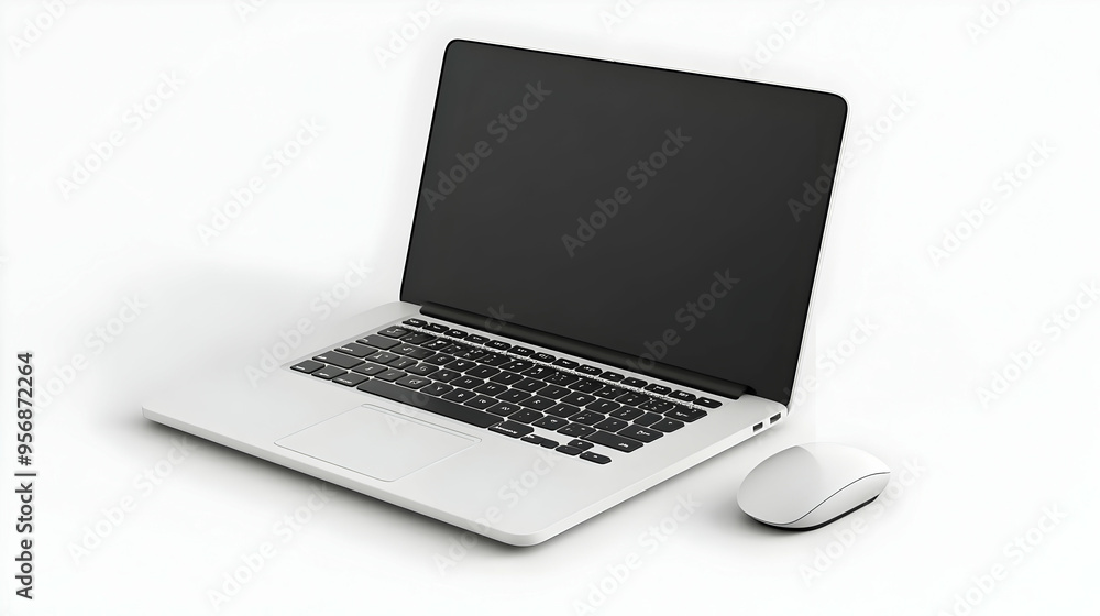 Laptop and wireless mouse with Work Smart text isolated on white background concept as Camera movement Focus on the laptop and mouse highlighting the efficiency message. Scene Sleek and modern setup w Laptop and wireless mouse with Work Smart text isolated on white background concept as Camera movement Focus on the laptop and mouse highlighting the efficiency message. Scene Sleek and modern setup w
