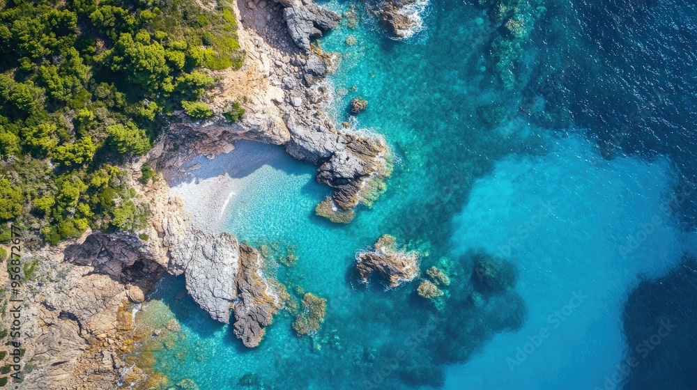 Drone capture of a rugged shoreline and sparkling sea, showcasing a summer destination with vibrant coastal landscapes. Drone capture of a rugged shoreline and sparkling sea, showcasing a summer destination with vibrant coastal landscapes.