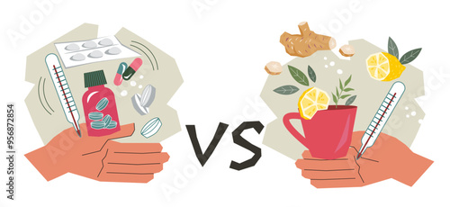 Cold and flu traditional pharmaceuticals and natural remedies homeopathic treatment. Comparison of traditional and alternative medicine for seasonal cold or flu, viral diseases. Vector banner isolated