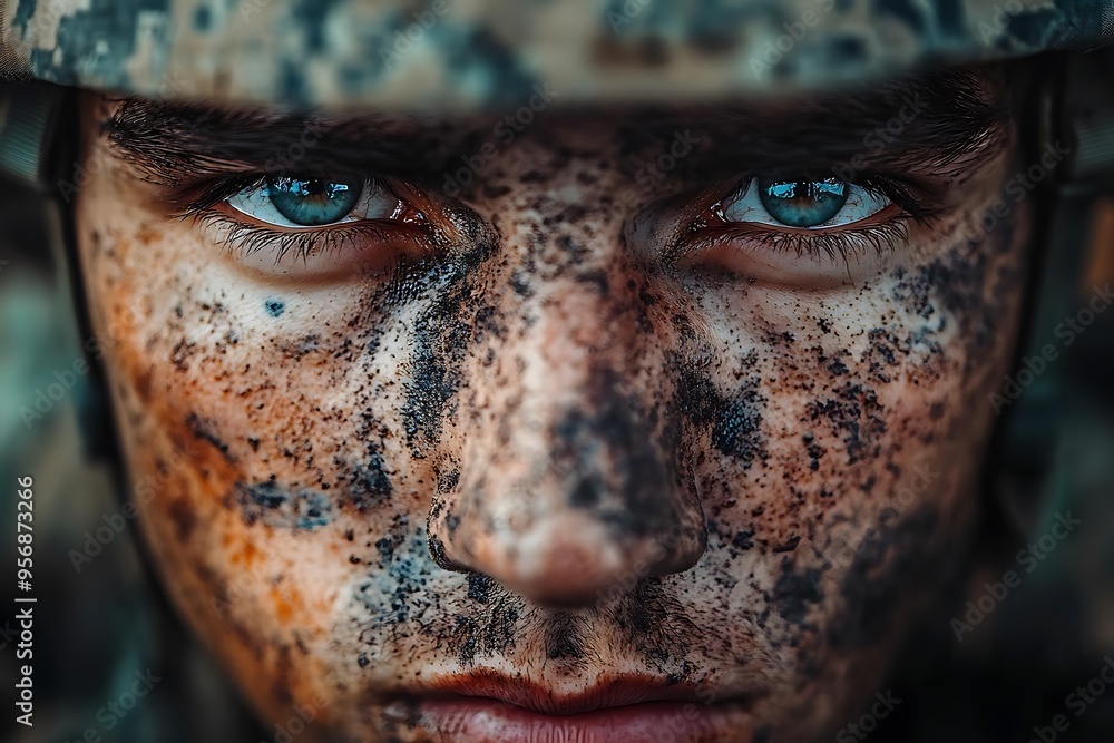 Close-Up Portrait of a Soldier's Face Covered in Mud - Realistic Photo Close-Up Portrait of a Soldier's Face Covered in Mud - Realistic Photo