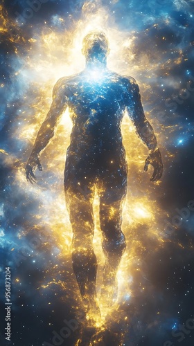 Cosmic Human Form - Illustration of a Man Made of Stars and Nebulae