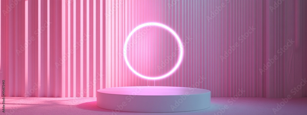 White pastel display pedestal with a luminous white circular feature on a pink backdrop featuring embossed ribbed rectangles Unoccupied product shelf 3D rendering White pastel display pedestal with a luminous white circular feature on a pink backdrop featuring embossed ribbed rectangles Unoccupied product shelf 3D rendering