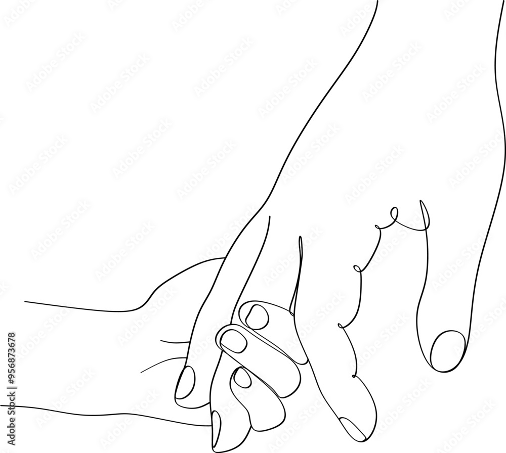 Line drawing of parent's hand and child. Child's hand holds mother's finger. Love, motherhood, fatherhood, childhood, care sign. Vector drawing Line drawing of parent's hand and child. Child's hand holds mother's finger. Love, motherhood, fatherhood, childhood, care sign. Vector drawing