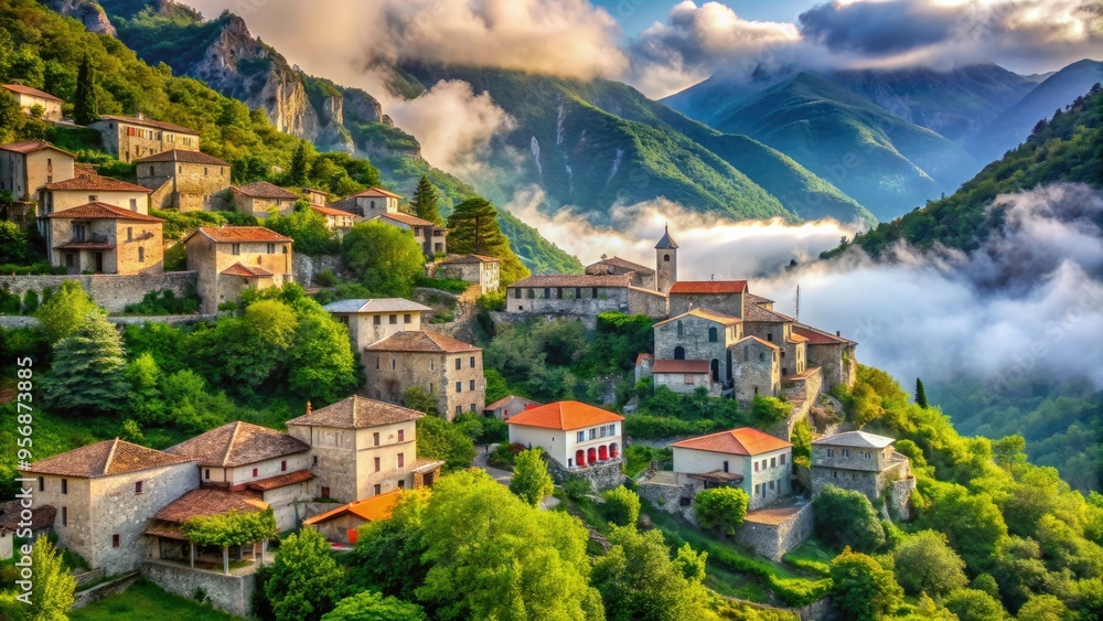 Obraz premium Ancient stone-built village nestled in lush green mountainside, traditional architecture and red-tiled roofs, surrounded by dense forest and serene misty valleys of Epirus region.