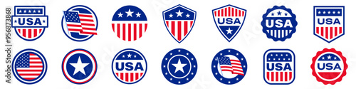 USA sticker set. American insignia collection. Flat style.