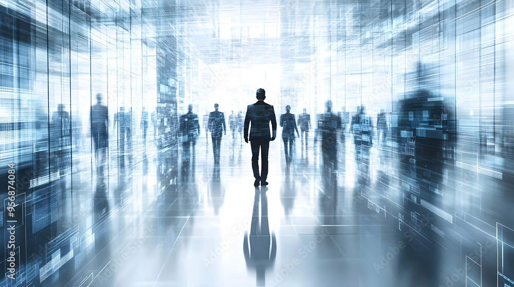 Manager leading a team in a glossy abstract virtual meeting concept as Camera movement Pan across the screen showing the manager directing team activities with a glossy digital interface. Scene A coll Manager leading a team in a glossy abstract virtual meeting concept as Camera movement Pan across the screen showing the manager directing team activities with a glossy digital interface. Scene A coll