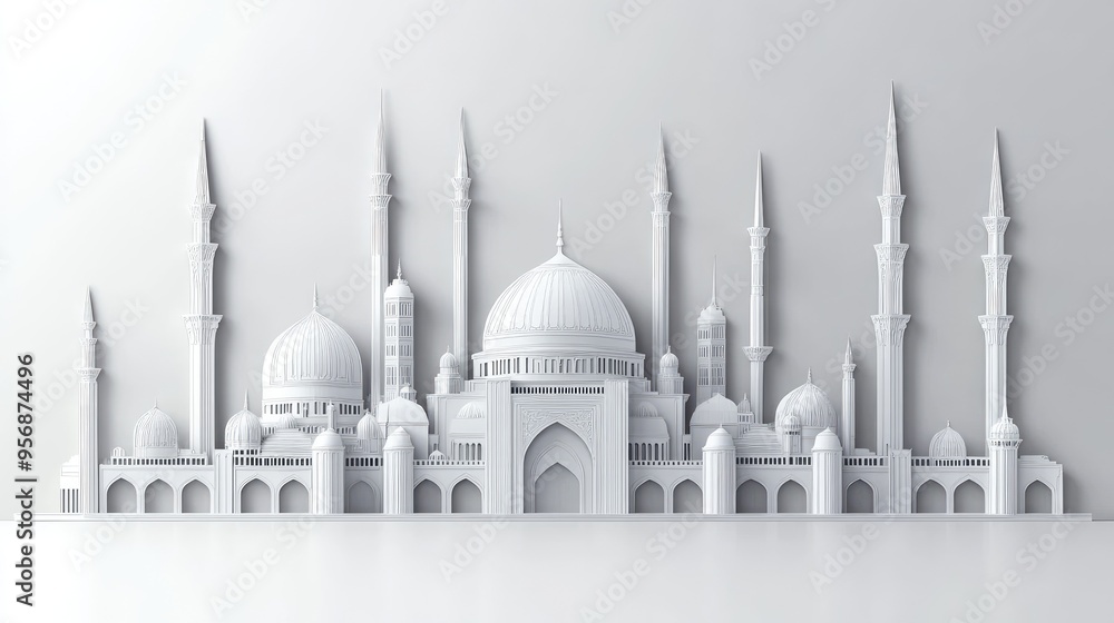 Fototapeta premium Islamic Mosque Rendered in Intricate 3D Paper Cut Design Artwork
