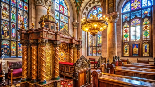 Ancient Torah scrolls adorn a richly ornamented ark in a stunning, centuries-old synagogue with intricate stone carvings and majestic stained glass windows. photo