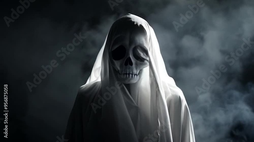 spooky ghost skull face white clothes mist smoke halloween horror fantasy dramatic lighting video