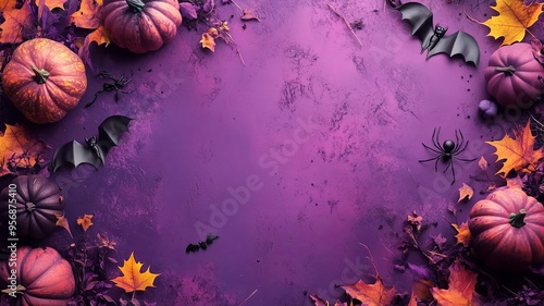 Halloween background with a pumkins, bats, spiders and autumn leaves in a purple colors with copy space