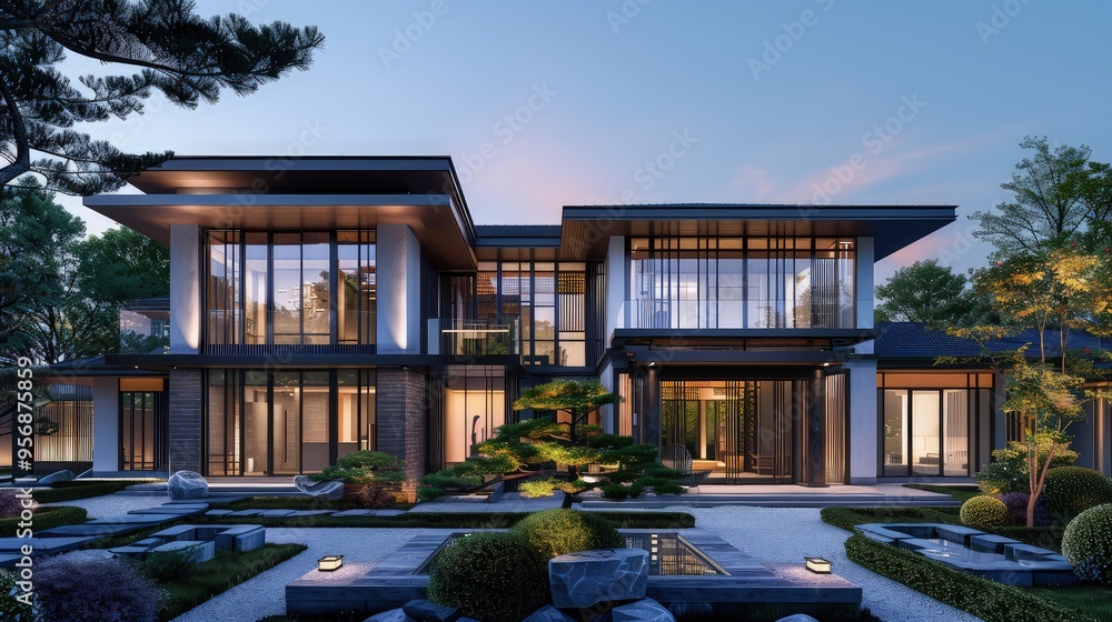 Fototapeta premium A symmetrical modern villa with garden in front, the entire scene captured in the tranquil light of early evening.