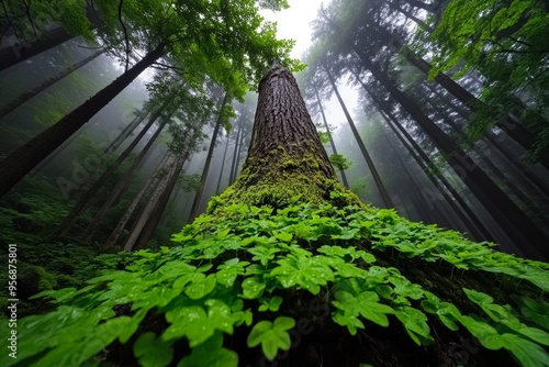 Foggy forest scenery, towering trees, eerie mist create a mysterious and atmospheric scene photo