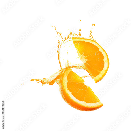 Fresh orange slice and juice splash on white background. Perfect for food and beverage advertisements, summer themed designs, and health articles
